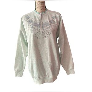 VINTAGE Rainbow Sporting Goods Large White & Aqua Splattered Floral Zip Sweater